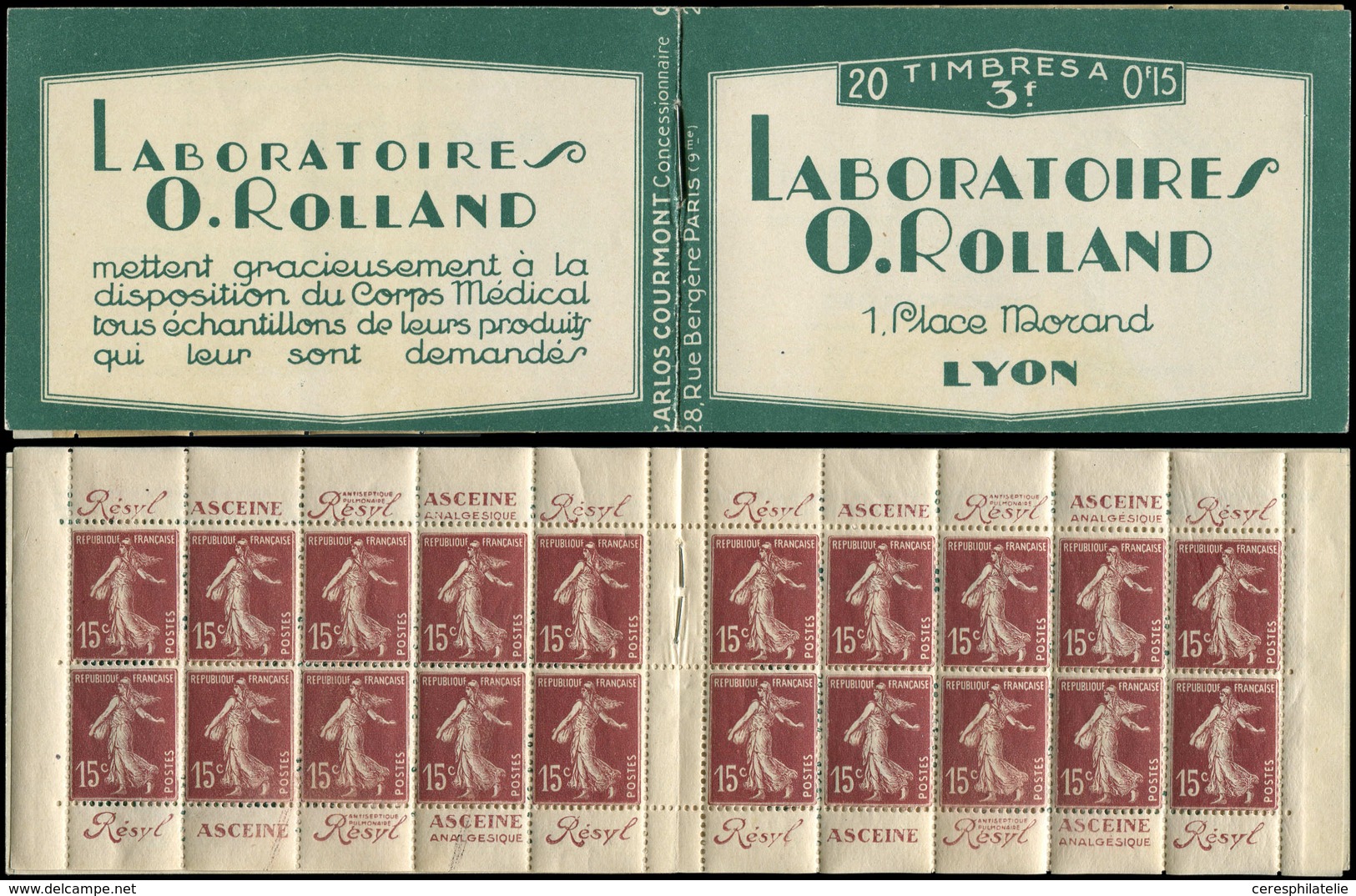 CARNETS (N°Cérès Jusqu'en1964) - 28   Semeuse Camée, 15c. Brun-lilas, N°189, T I, Laboratoires ROLLAND, TB - Autres & Non Classés