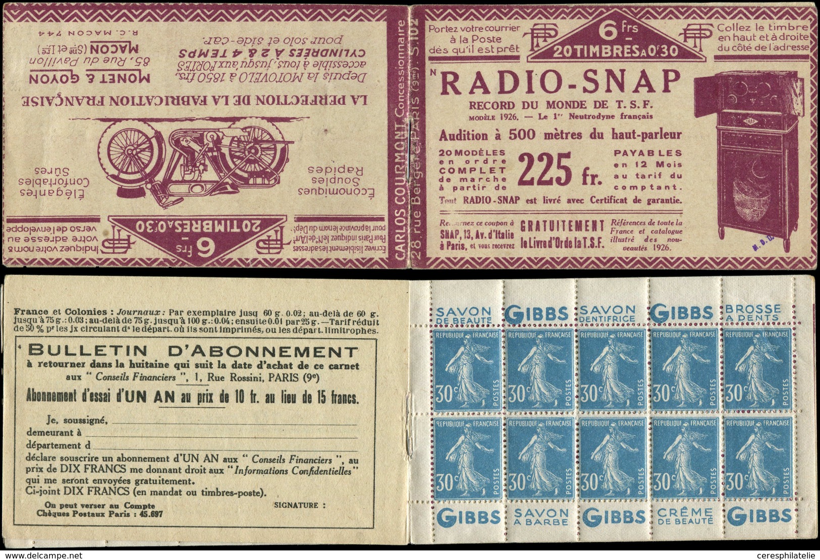 CARNETS (N°Cérès Jusqu'en1964) - 53   Semeuse Camée, 30c. Bleu, N°192A, T IIB, S. 102-N, RADIO-SNAP/MOTO, TTB - Autres & Non Classés