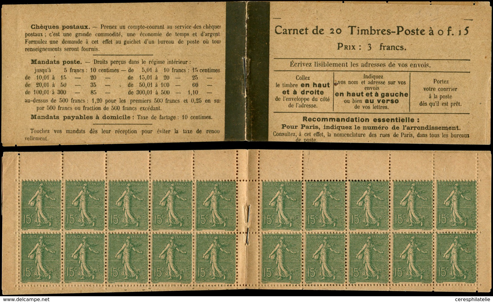 CARNETS (N°Cérès Jusqu'en1964) - 70   Semeuse Lignée, 15c. Vert-olive, N°130D, T V, Papier GC, Imperceptibles Traces De - Autres & Non Classés