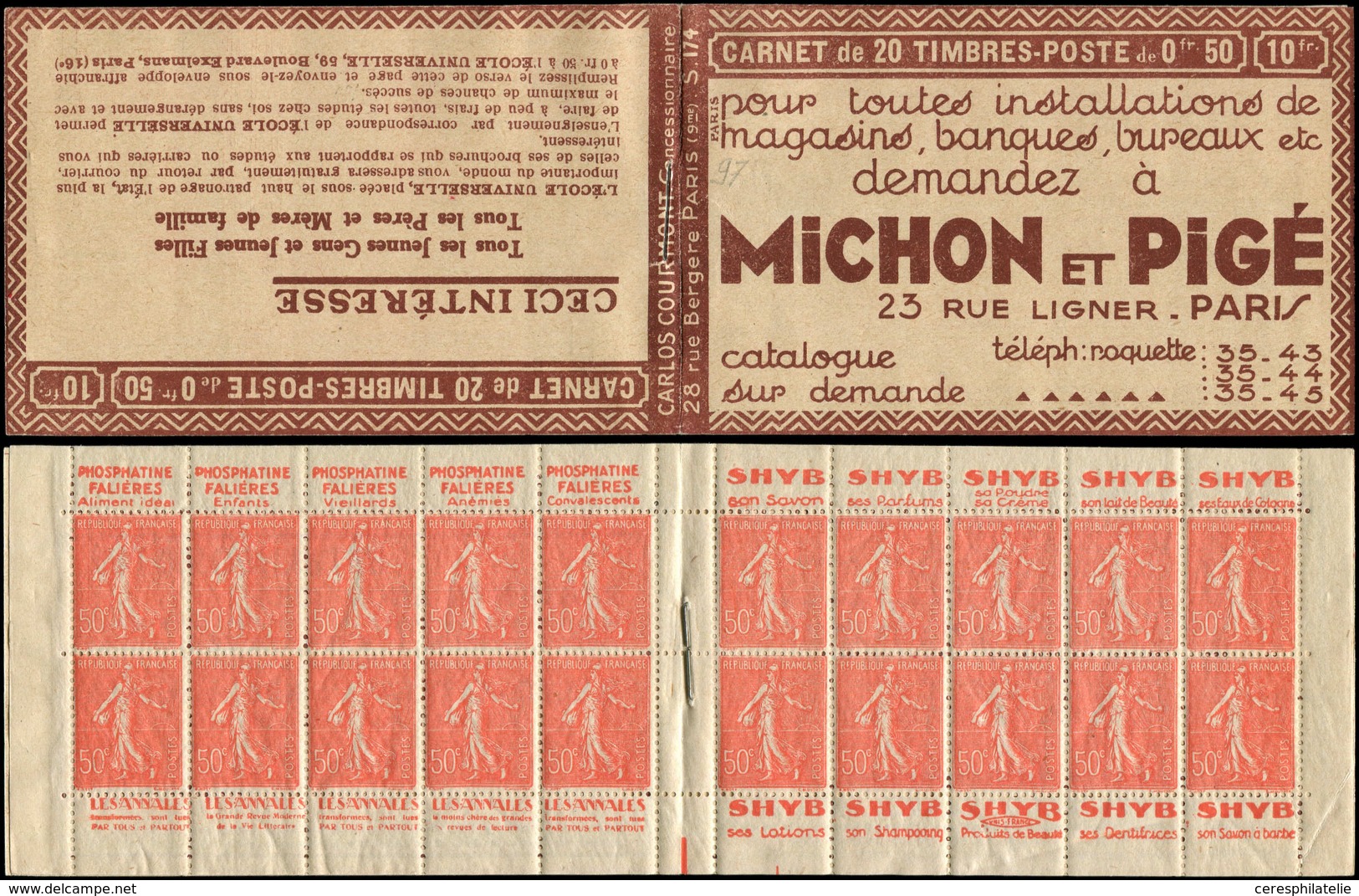 CARNETS (N°Cérès Jusqu'en1964) - 96   Semeuse Lignée, 50c. Rouge, N°199B, T IIB, S. 174-PARIS, MICHON Et PIGE, 2 Plis De - Autres & Non Classés