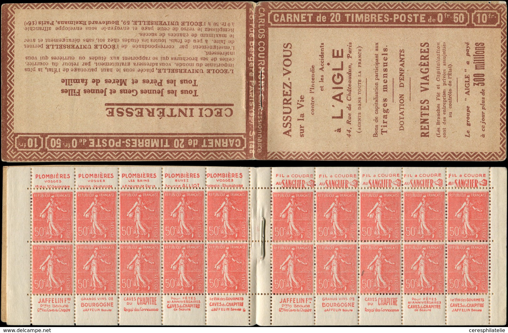 CARNETS (N°Cérès Jusqu'en1964) - 108  Semeuse Lignée, 50c. Rouge, N°199B, T IIB, S. 148, L'AIGLE, TB - Autres & Non Classés