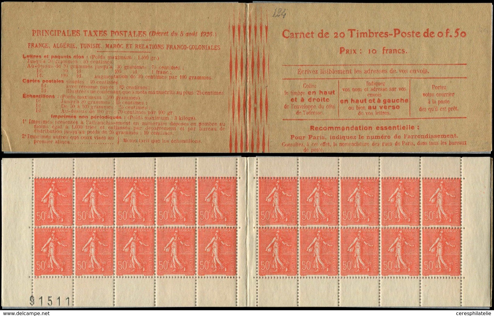 CARNETS (N°Cérès Jusqu'en1964) - 124  Semeuse Lignée, 50c. Rouge, N°199D, T IV, Couv. Postale Dos Strié, N°91511, TB - Autres & Non Classés