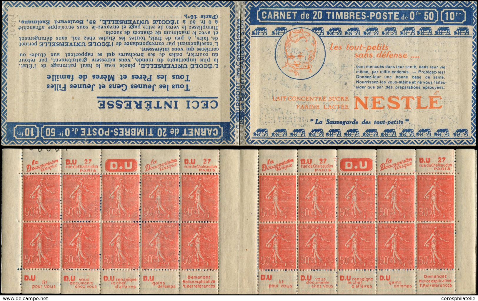 CARNETS (N°Cérès Jusqu'en1964) - 127  Semeuse Lignée, 50c. Rouge, N°199D, T IV, S. 195, NESTLE, TB - Autres & Non Classés