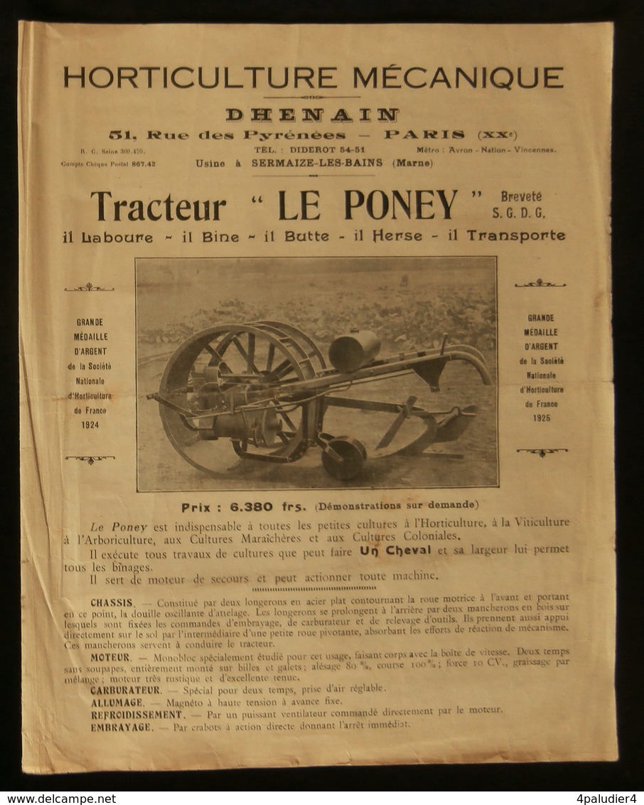 ( Agriculture  ) Horticulture Mécanique DHENAIN Tracteur  " LE PONEY "  Usine  à SERMAIZE-LES-BAINS ( Marne ) 1920 - Agriculture