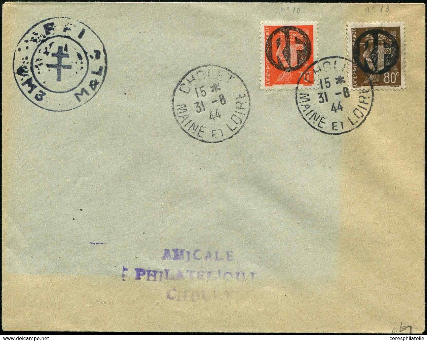 Let TIMBRES DE LIBERATION - CHOLET 10 Et 13 : 70c. Orange Et 80c. Brun, Oblitérés 31/8/44 S. Env., TB, Signé Mayer - Befreiung