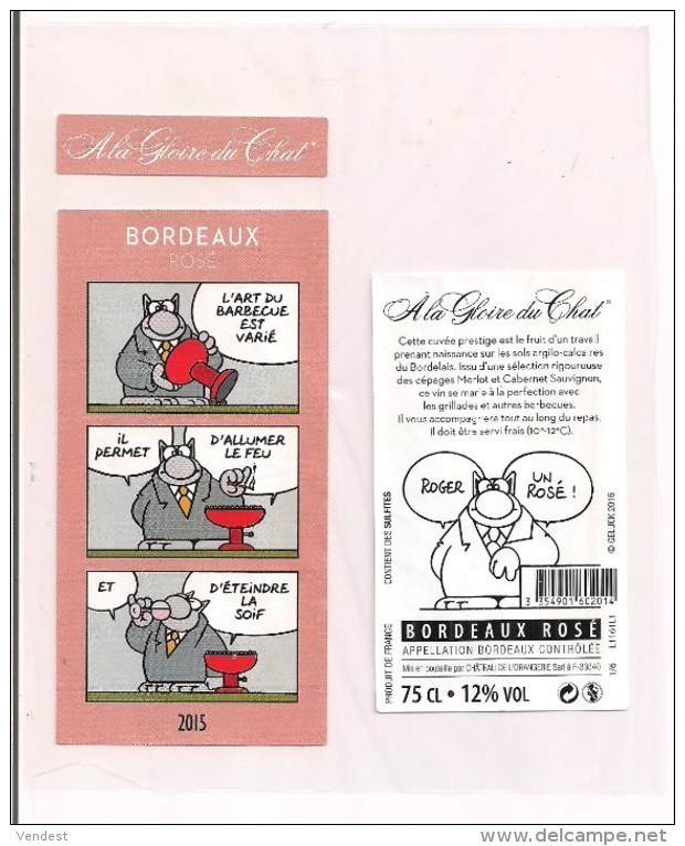 Etiquette Décollée " A La Gloire Du Chat " - Geluck - 2015 - Bordeaux Rosé - - Bordeaux