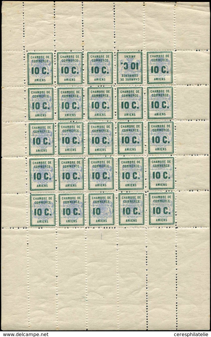 ** Spécialités Diverses - TIMBRES DE GREVE, AMIENS 1 : 10c. Vert Et Outremer, Feuille De 25 Avec Tête-bêche Et 10 Sans C - Autres & Non Classés