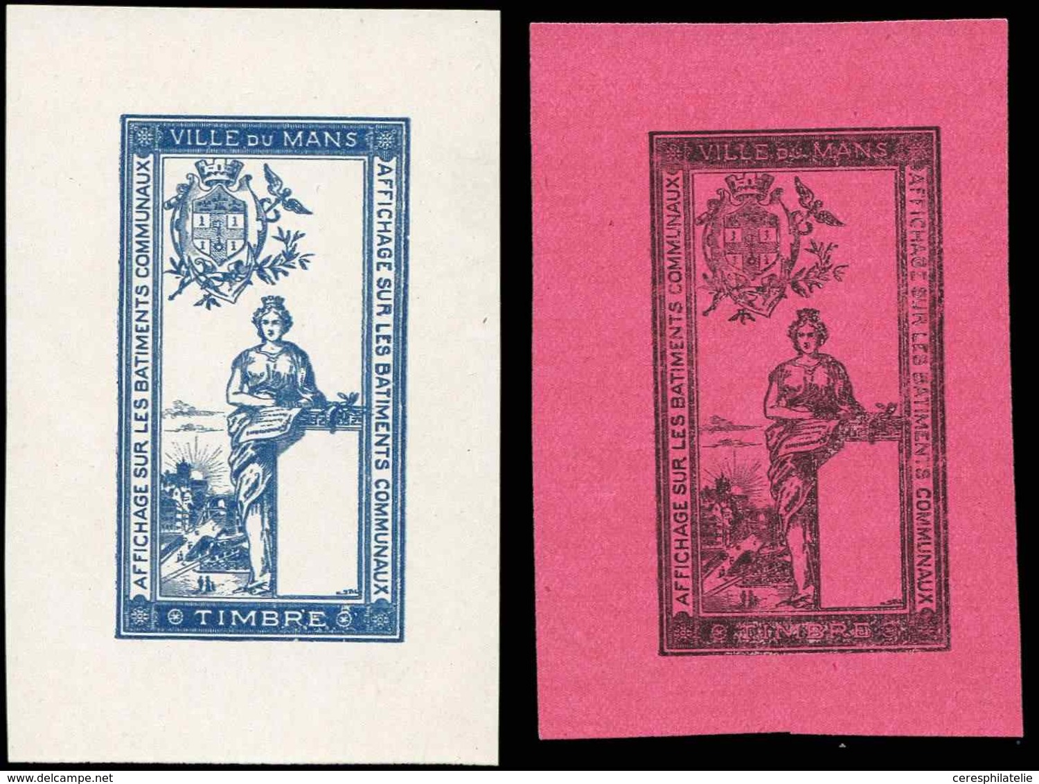 (*) Spécialités Diverses - TIMBRES FISCAUX Affiches Ville Du Mans, 2 épreuves Sans La Valeur Bleu Sur Blanc Et Noir Sur  - Autres & Non Classés