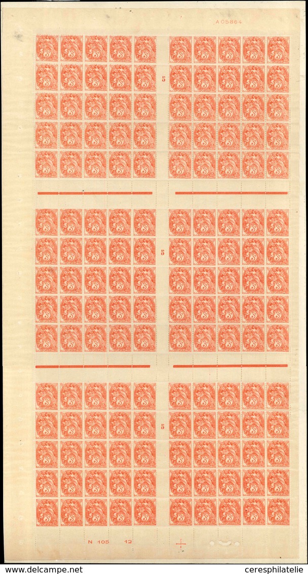 ** VARIETES - 109   Blanc,  3c. Orange, FEUILLE De 150 Mill.5, Essai De Numérotation A05864, TB - Neufs