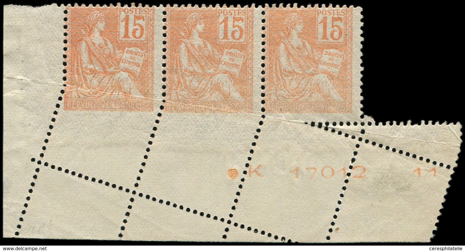 ** VARIETES - 117   Mouchon, 15c. Orange, BANDE De 3 Cdf, Piquage OBLIQUE, TB, Certif. JF Brun - Neufs