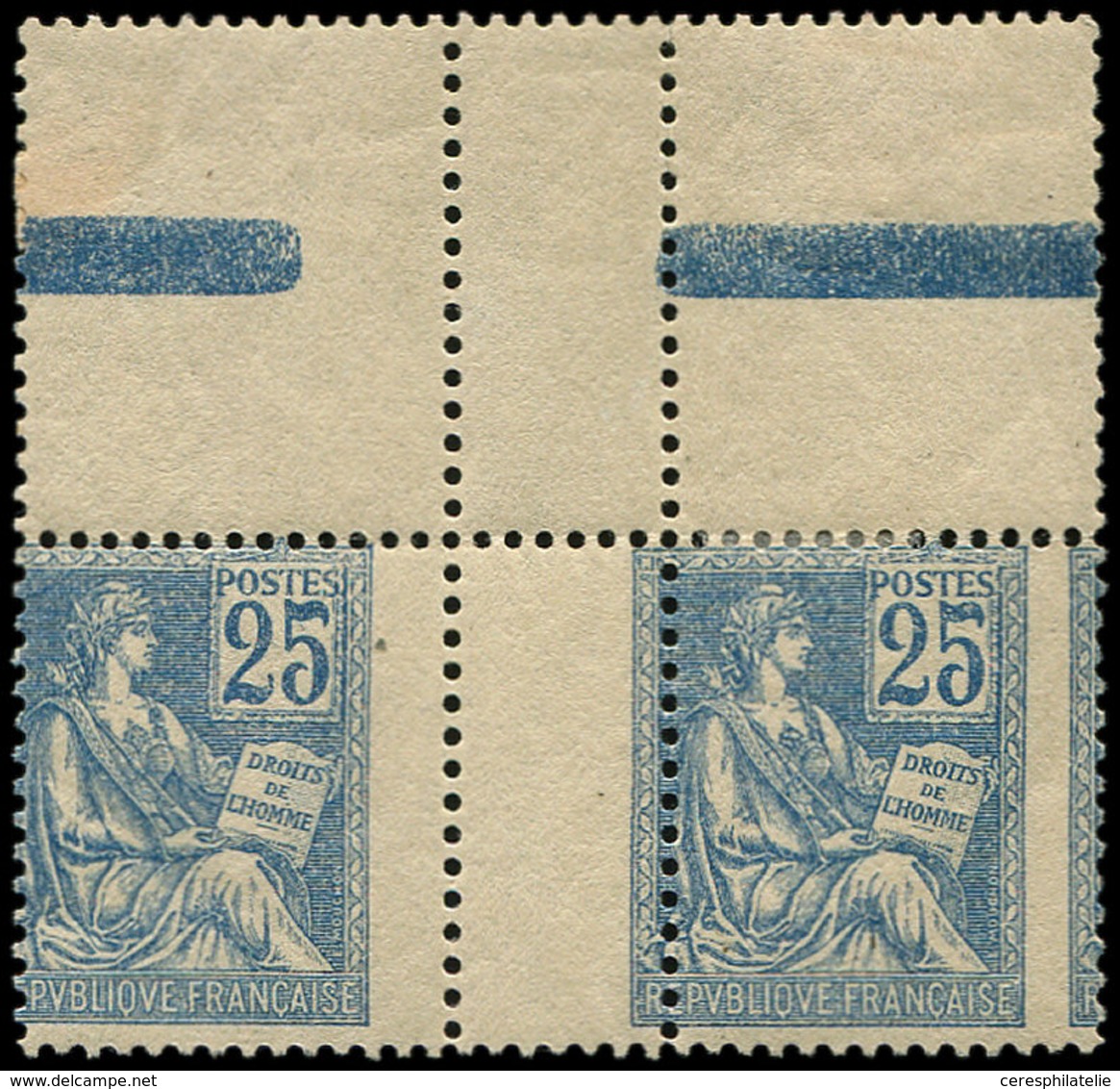 * VARIETES - 118   Mouchon, 25c. Bleu, PIQUAGE à CHEVAL, PAIRE Interp. Bdf Inter-galvano, Un Ex. **, TTB - Ungebraucht