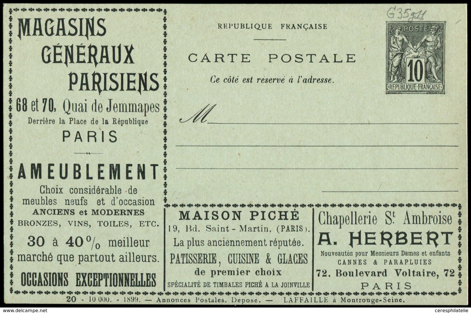 Let ENTIERS POSTAUX - Sage, 10c. Noir, CP Annonces N°G35g11, Laffaille, S. 20, AMEUBLEMENT, TB - Autres & Non Classés