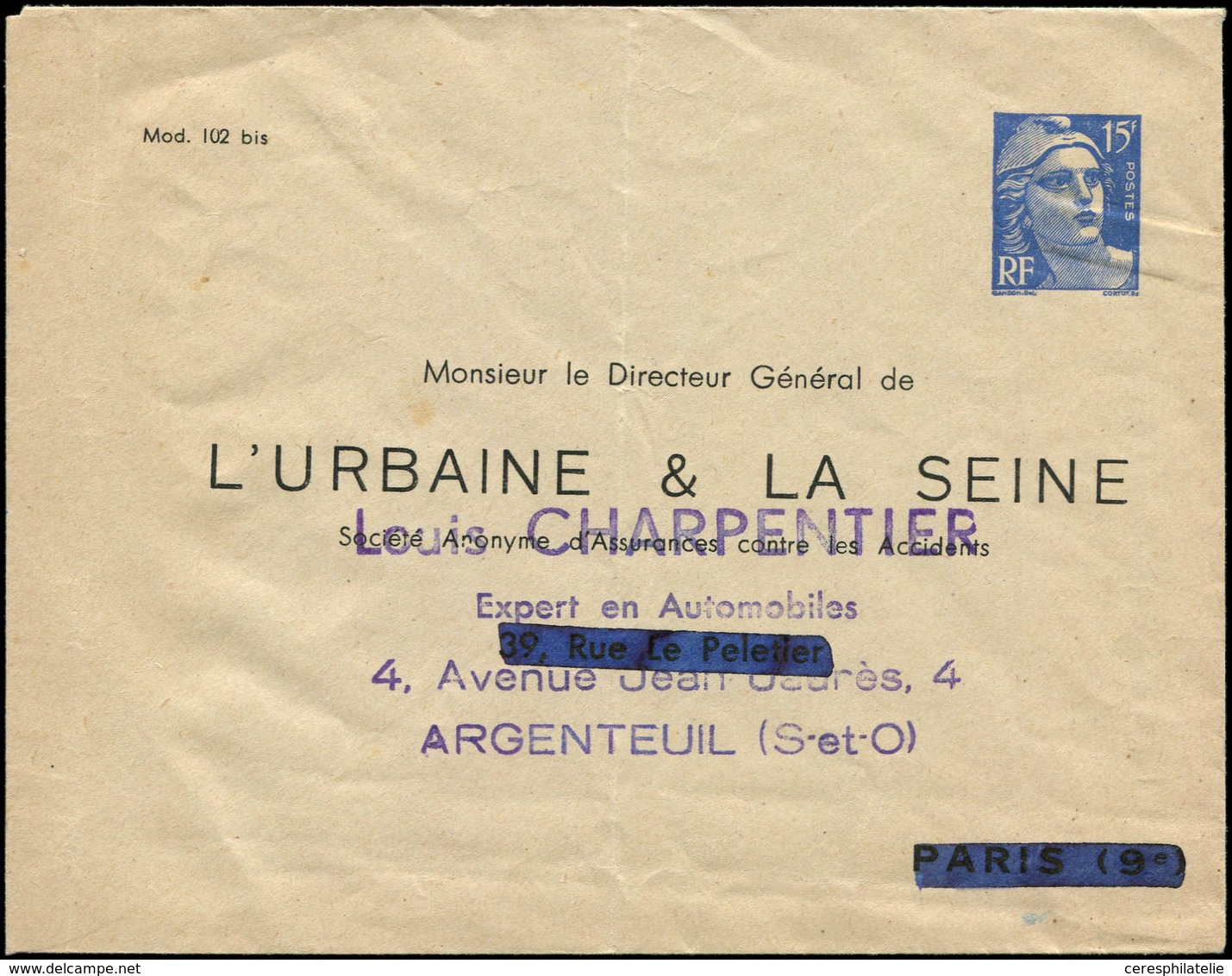 Let ENTIERS POSTAUX - Gandon, 15f. Bleu, Env. TSC N°N2g2, L'URBAINE & LA SEINE Avec Surch. Privée, Qqs Adh., TB - Autres & Non Classés