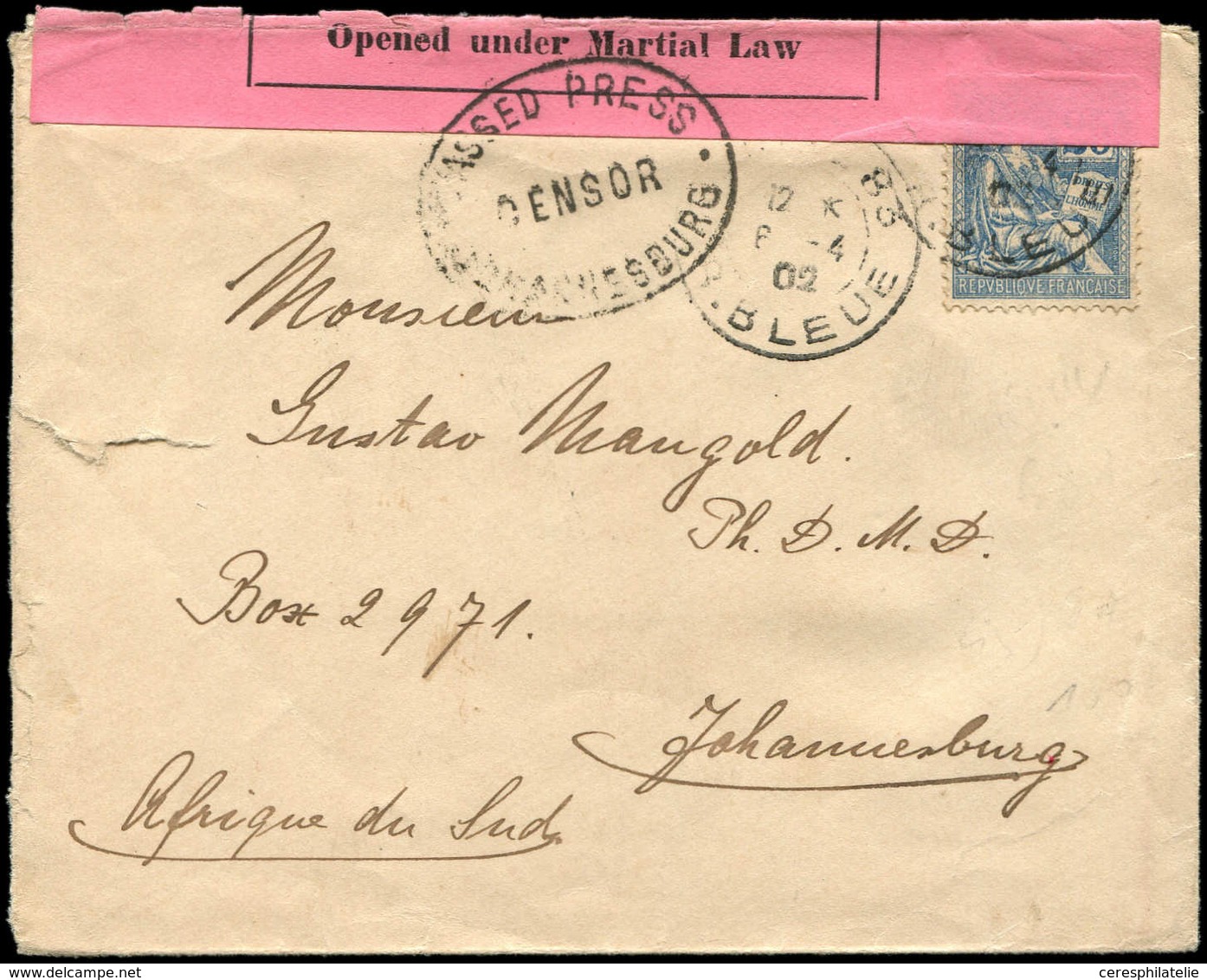 Let LETTRES DU XXe SIECLE - N°114 Obl. PARIS 83 6/4/02 S. Env. Pour Johannesburg Avec Censure, Guerre Anglo-Boers, R Et  - Briefe U. Dokumente