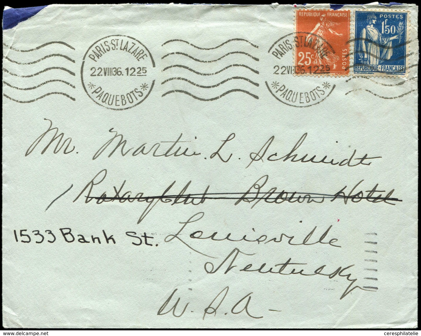 Let LETTRES DU XXe SIECLE - N°235 Et 288 Obl. Méc. PARIS ST LAZARE/PAQUEBOTS 22/8/36 Sur Env. Pour Les Etats-Unis Au Tar - Briefe U. Dokumente