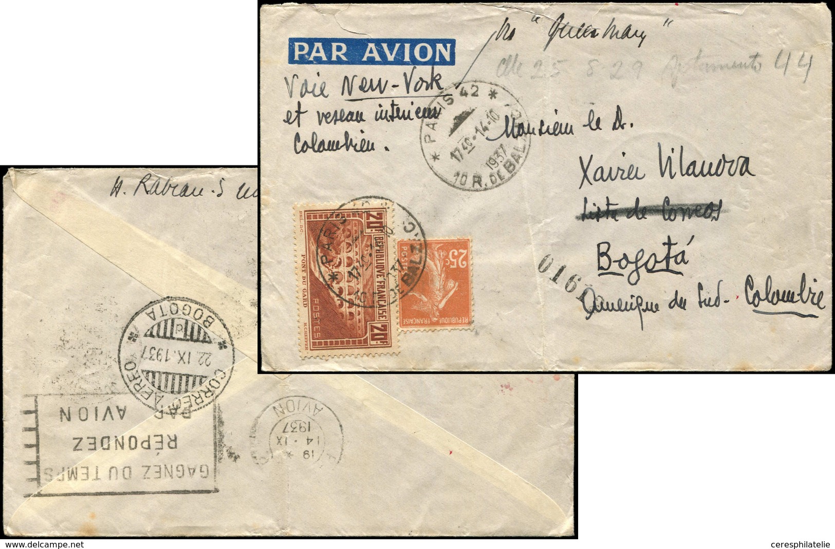 Let LETTRES DU XXe SIECLE - N°262 Et 235 Obl. PARIS 14/(9)/37 Sur Env. Par Avion, Arr. BOGOTA 22/9, TB - Briefe U. Dokumente