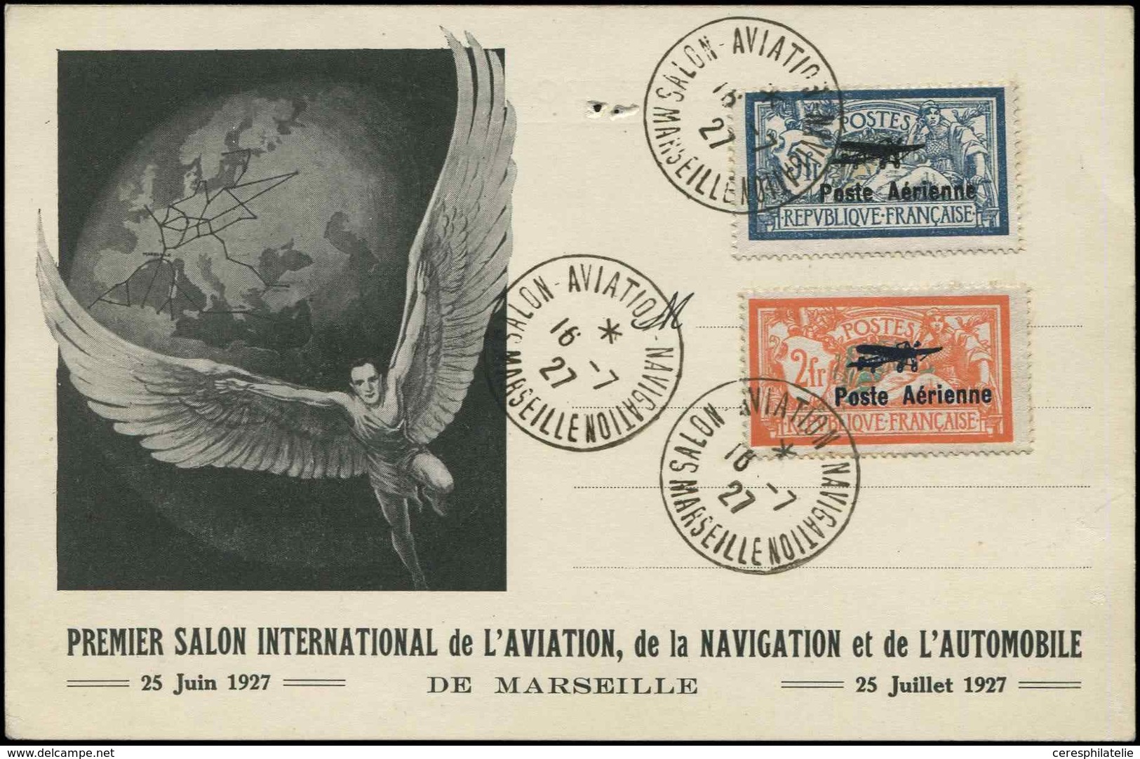 Let LETTRES DU XXe SIECLE - PA 1/2 2f. Et 5f., Obl. S. CP Salon Aviation 16/7/27, TB - Briefe U. Dokumente