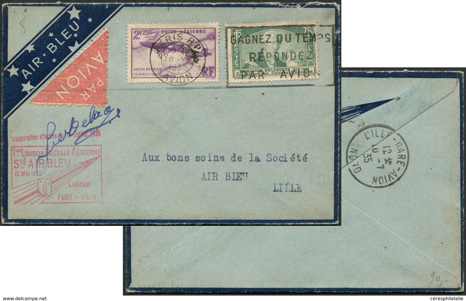 Let Air Bleu - N°303 Et PA 7 Obl. Méc. PARIS RP 10/5/35 S. Env., Cachet Air-Bleu PARIS-LILLE 15/5/35, TB - Premiers Vols