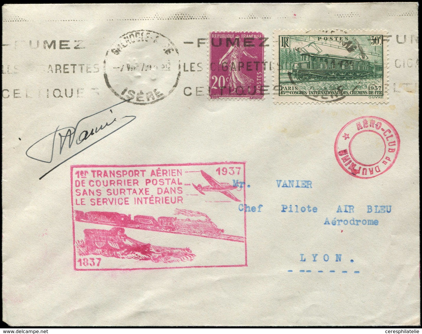 Let Air Bleu - N°190 Et 339 Obl. GRENOBLE 7/7/37 Sur Env., Cachet 1er Transport Aérien Sans Surtaxe, Signature Du Pilote - Premiers Vols