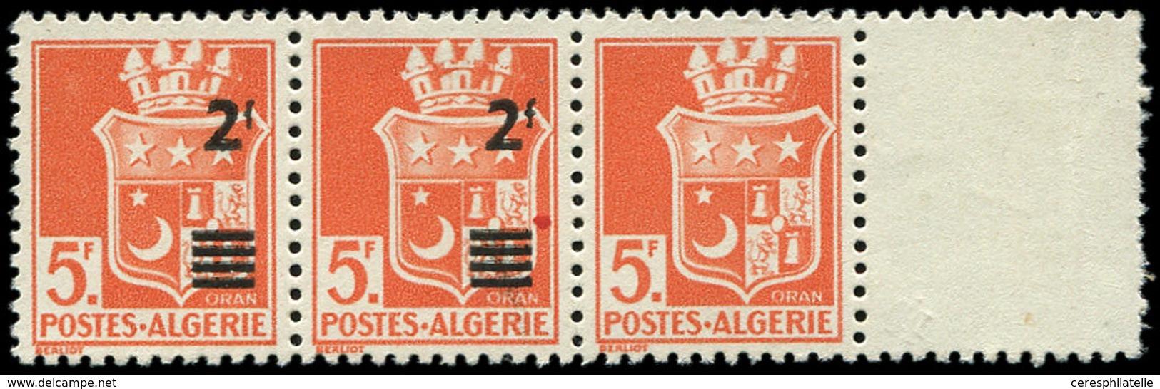 ** ALGERIE 197 : 2f. Sur 5f. Orange, BANDE De 3 Bdf, Un Ex. SANS Surcharge, R Et TB - Lettres & Documents