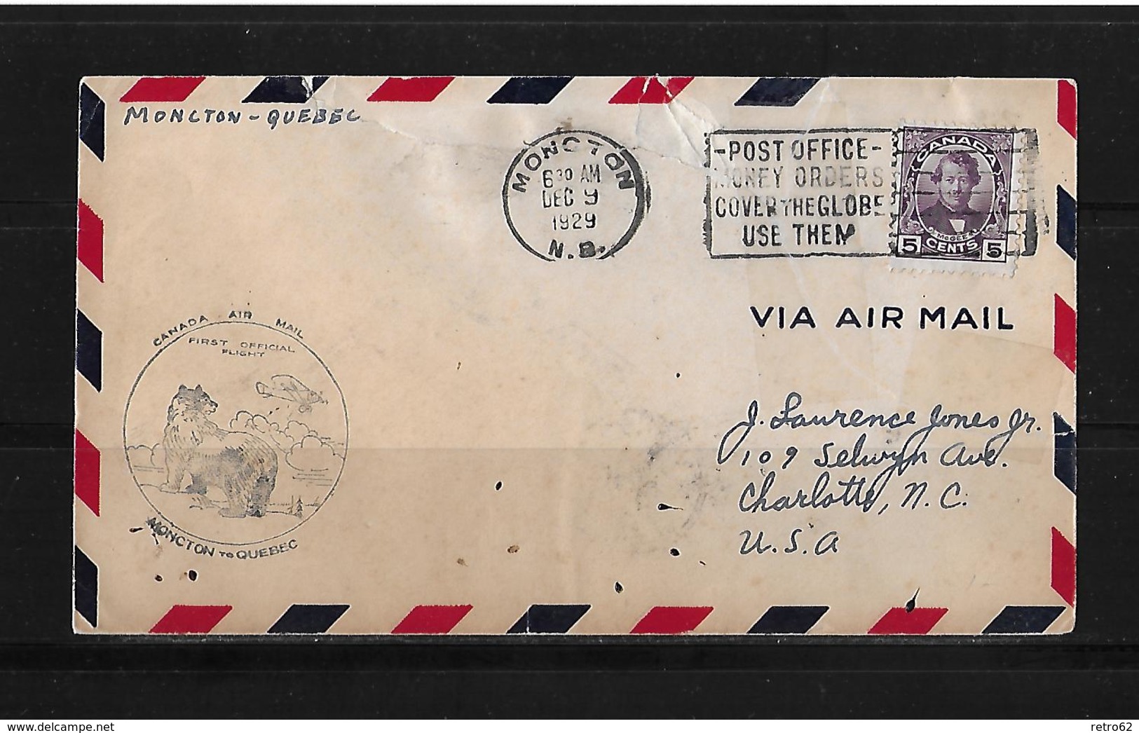 1929 Canada → First Airmail Flight Cover Moncton, N.B. To Quebec - Poste Aérienne