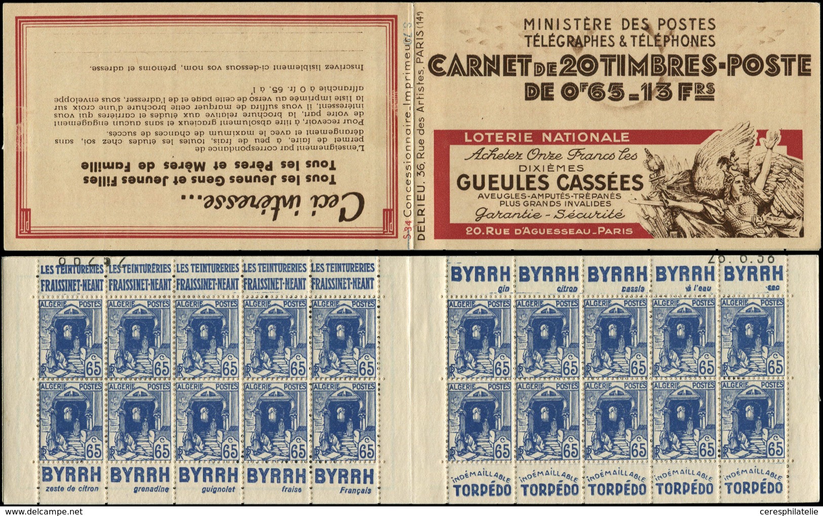 ALGERIE Carnet 20 : 65c. Bleu, S. 70-34, GUEULES CASSEES, Sans Sigle PTT, Date 28/8/38 Tronquée, TB - Autres & Non Classés