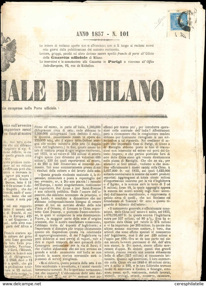 Let ITALIE (ANCIENS ETATS) LOMBARDO-VENETIE Journaux 3 : Mercure Bleu Obl. COMO 18/9/57 S. Journal, Signé Sorani, B/TB,  - Lombardo-Venetien