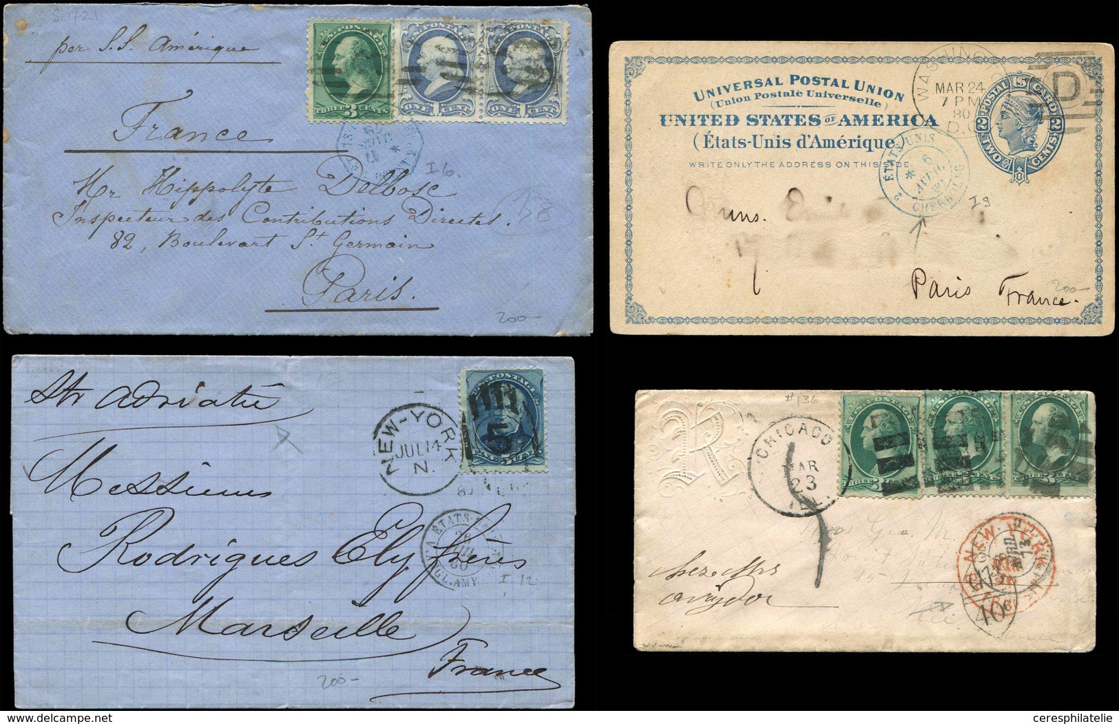 Let Etats-Unis, 4 Lettres USA-France 1873/80 Avec Cachets D'entrées Maritimes Différents, TB - Corée Du Nord