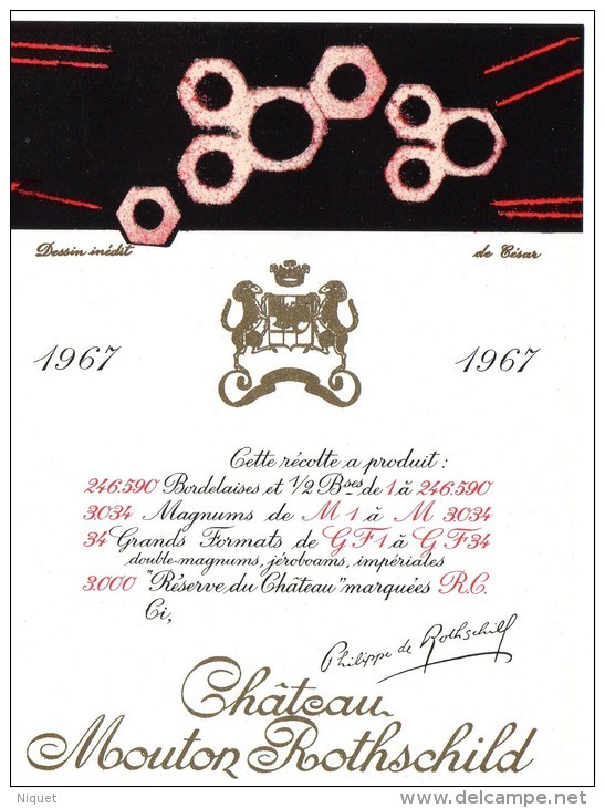 Etiquette Vin Mouton Rothschild, 1967, Dessin Inédit De  César, 75 Cl - Red Wines