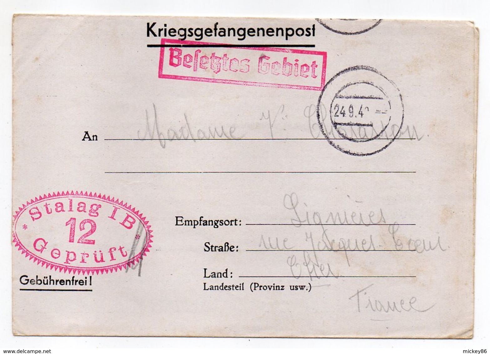 Allemagne-1940---Lettre Censurée Stalag I B-12--Lager-Bezeichnung Pour Lignieres (France)-Prisonnier De Guerre-- Cachets - Briefe U. Dokumente