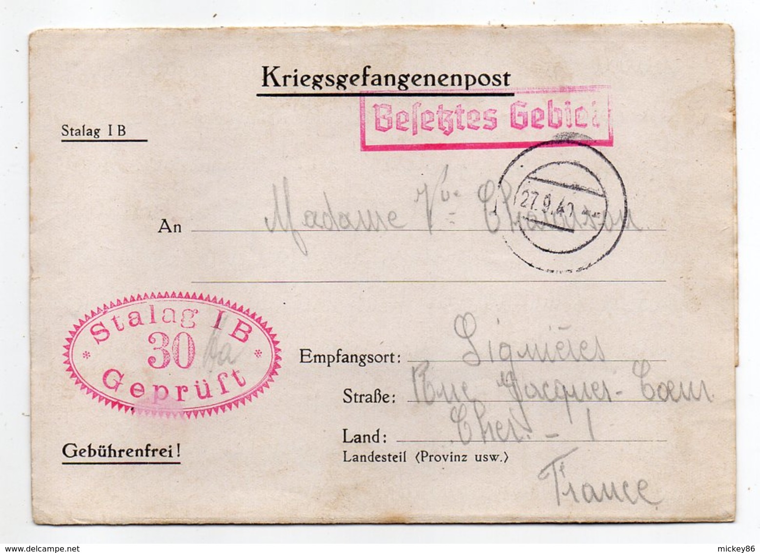 Allemagne-1940---Lettre Censurée Stalag I B-30--Lager-Bezeichnung Pour Lignieres (France)-Prisonnier De Guerre-- Cachets - Briefe U. Dokumente