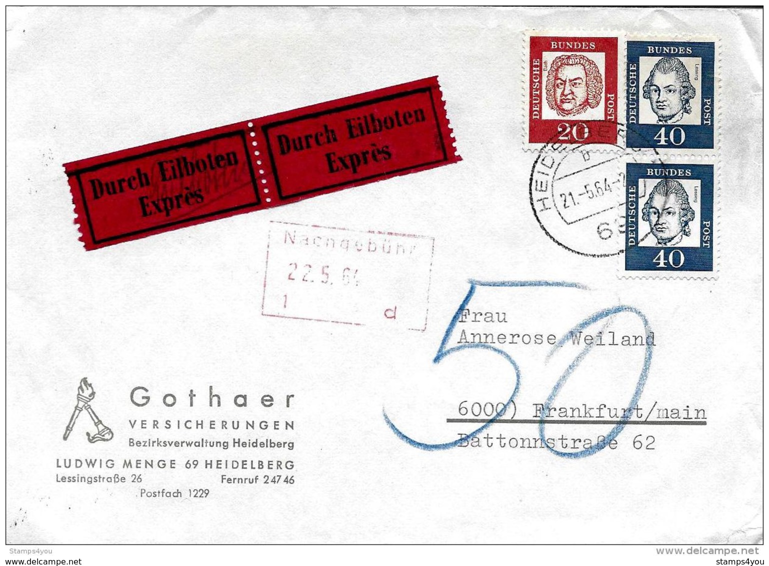 141 - 22 - Enveloppe Exprès Envoyée De Heidelberg 1964 - Briefe U. Dokumente