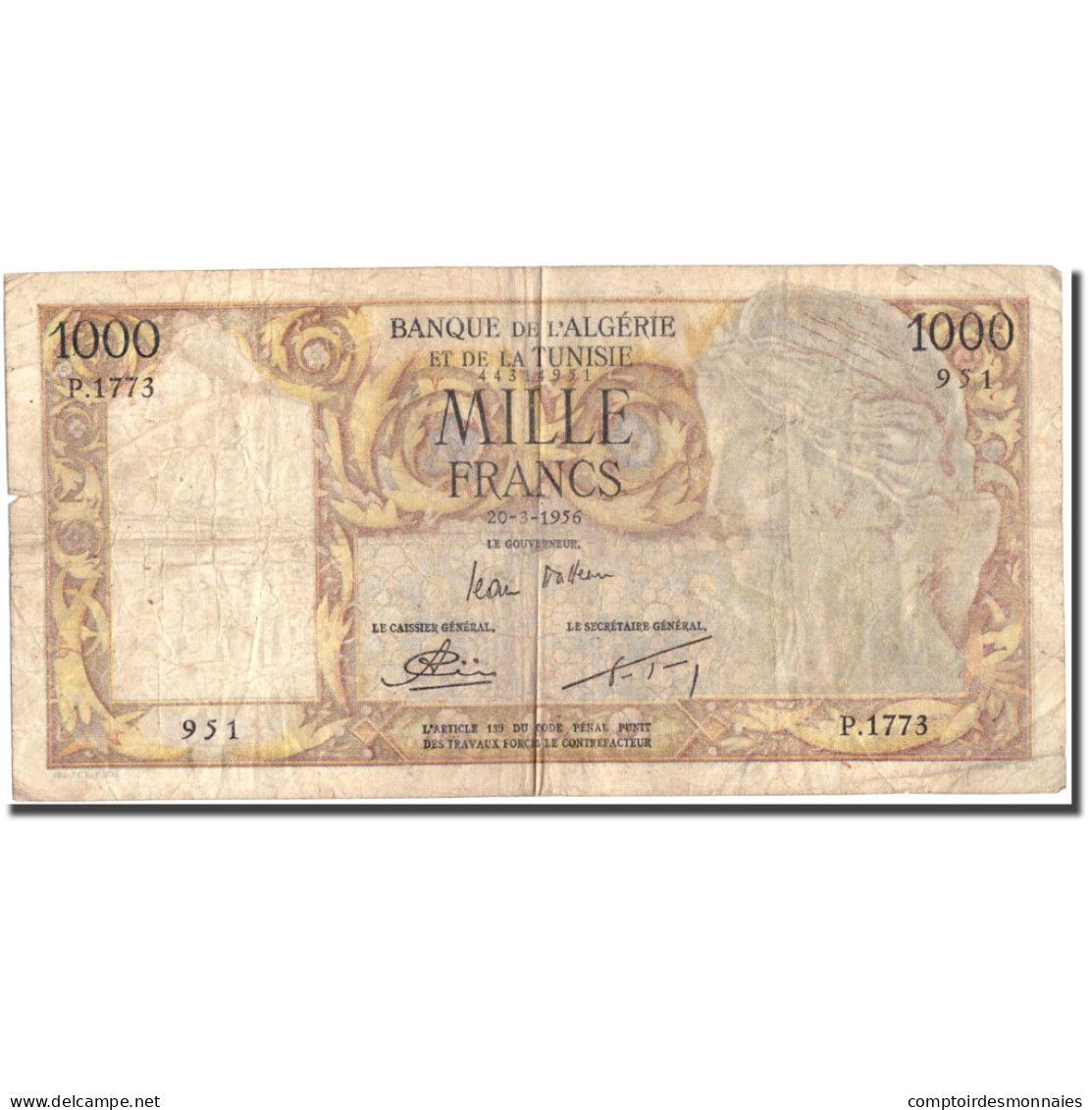 Billet, Algeria, 1000 Francs, 1956, 1956-03-20, KM:107b, TB - Algérie