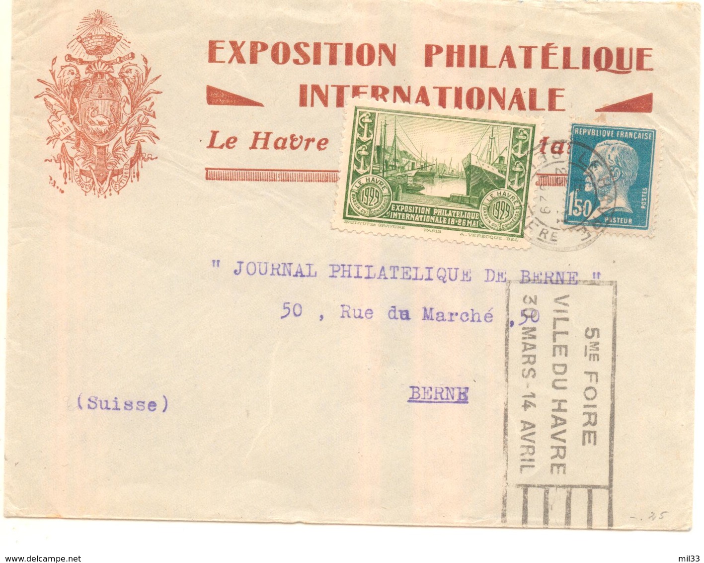 Lettre De L'Exposition Philatélique Internationale Du Havre De 1929 Avec Timbre De L'expo Pour La Suisse - 1921-1960: Periodo Moderno