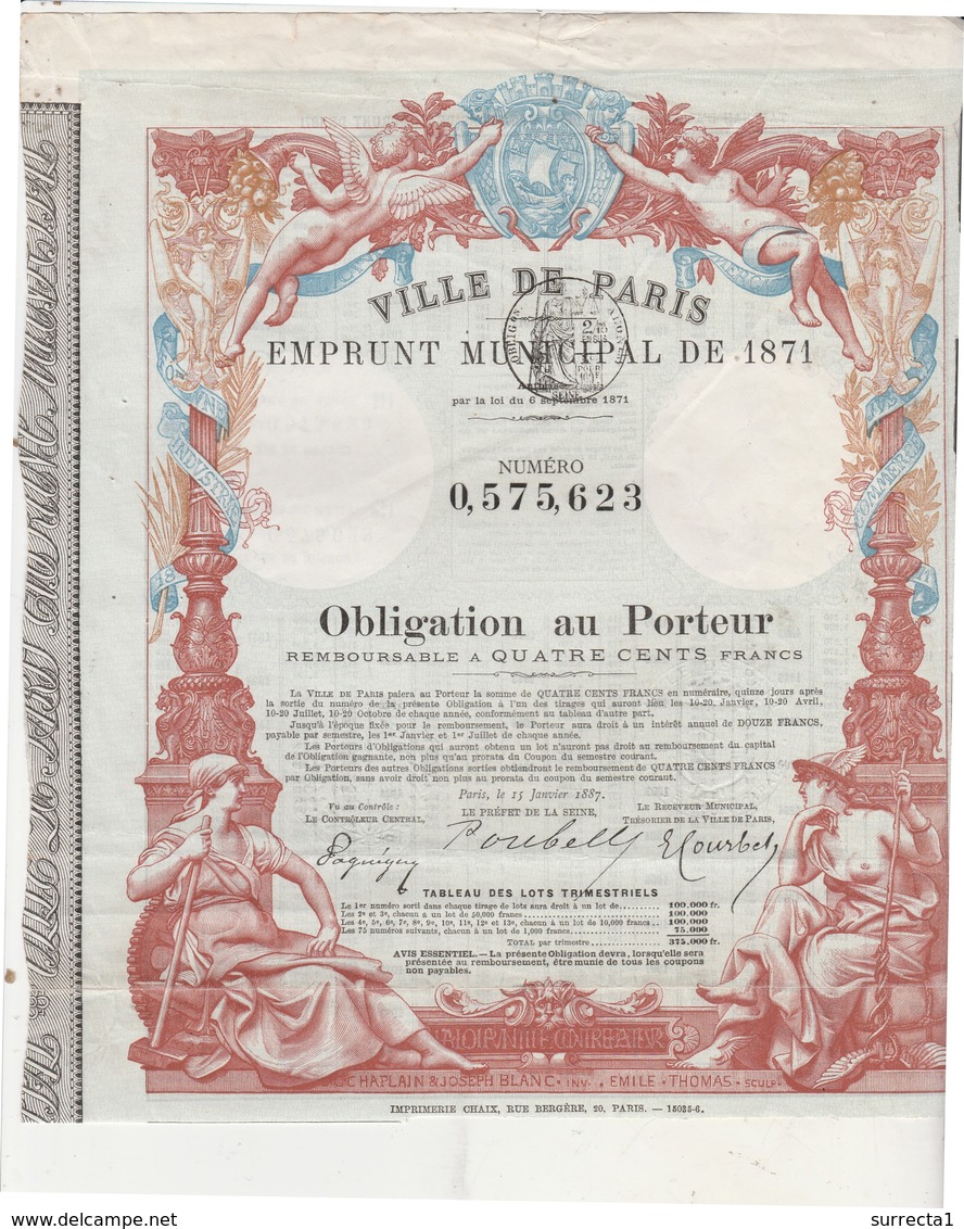 Obligation Ville De Paris / Emprunt Municipal 1871 / Industrie Commerce / Belle Illustration Couleur / Angelots - Autres & Non Classés