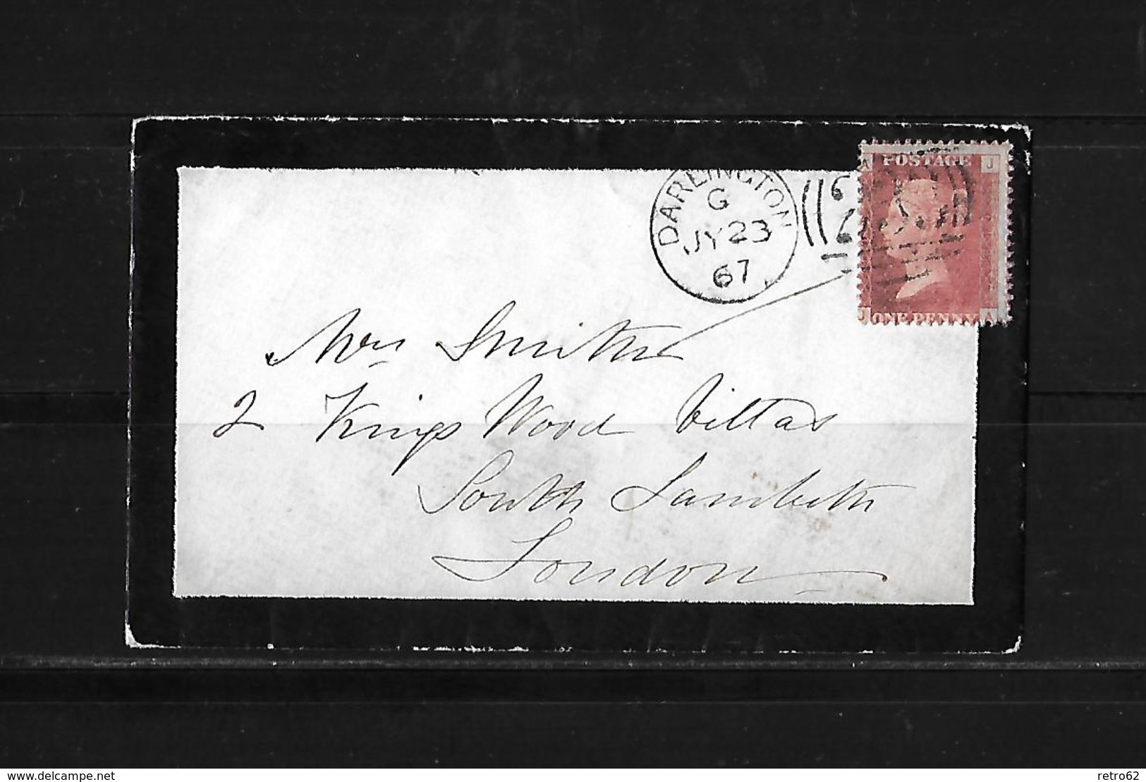 1867 Great Britain → 1d Red Plate 108 On Darlington, Northumberland Mourning Cover - Brieven En Documenten