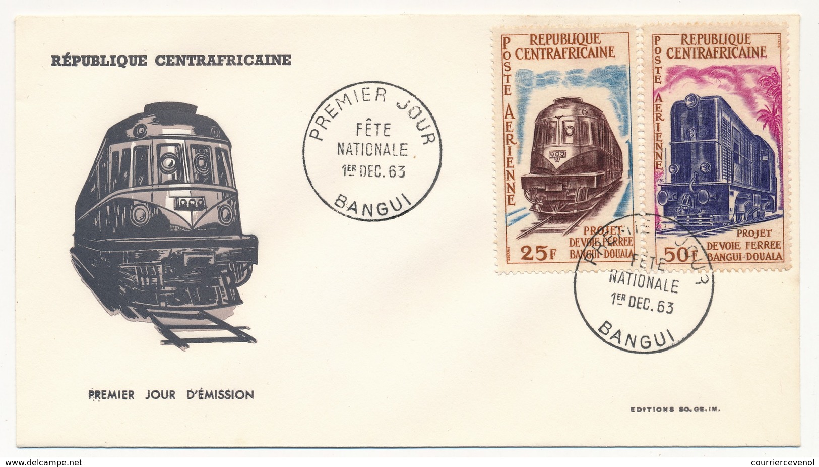 REP CENTRAFRICAINE => 2 FDC - Fête Nationale 1963 ( Trains / Projets De Voies Ferrées ) - Centrafricaine (République)