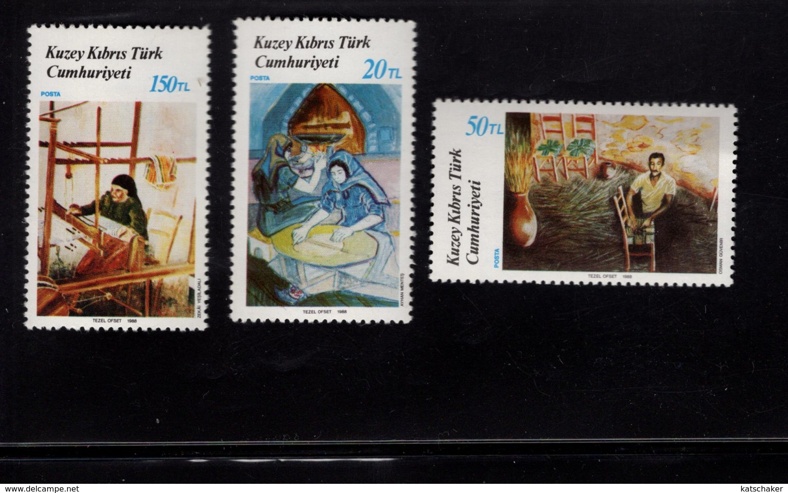 672561844 TURKISH CYPRUS 1988 POSTFRIS MINT NEVER HINGED POSTFRISCH EINWANDFREI SCOTT 219 220 221 PAINTINGS WORKING PEOP - Nuovi