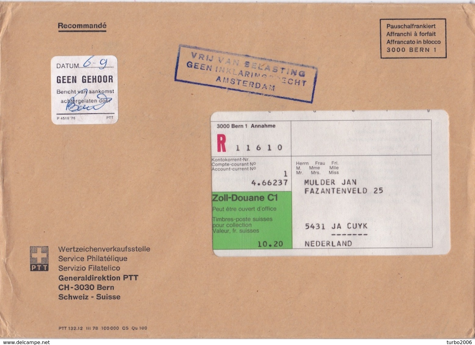 1979 Aangetekende Envelop 16 X 23 Cm Uit Zwitserland Met O.a. VRIJ VAN BELASTING, GEEN INKLARINGSRECHT AMSTERDAM - Marcophilie