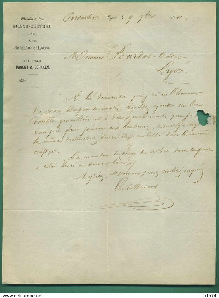 Chemin De Fer Grand Central De France Section Rhone Et Loire Parent Et Schaken 1854 Adressée Gaz Rive De Gier - Transports