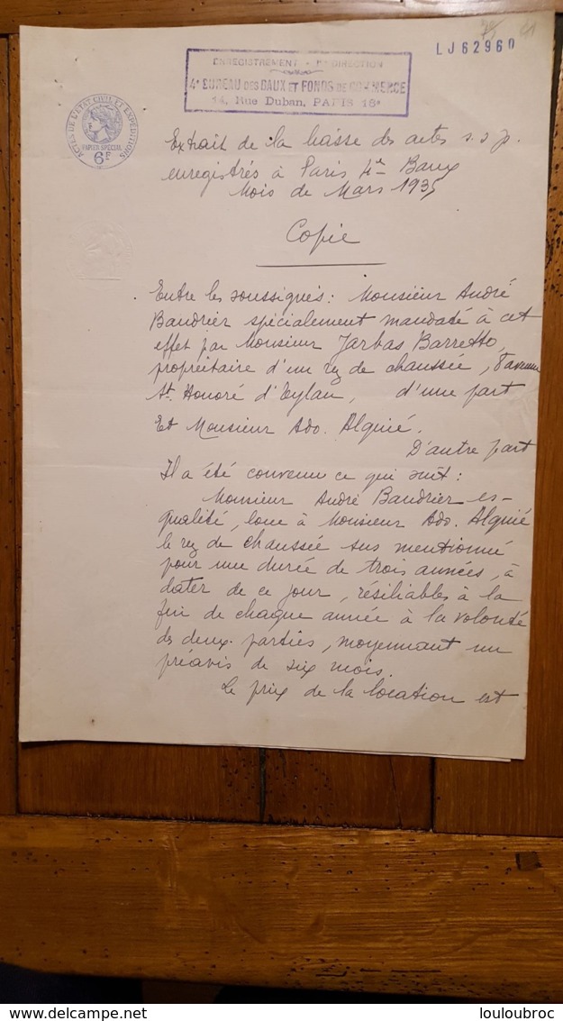 ACTE BUREAU DES BAUX ET FONDS DE COMMERCE MARS 1935 - Documentos Históricos
