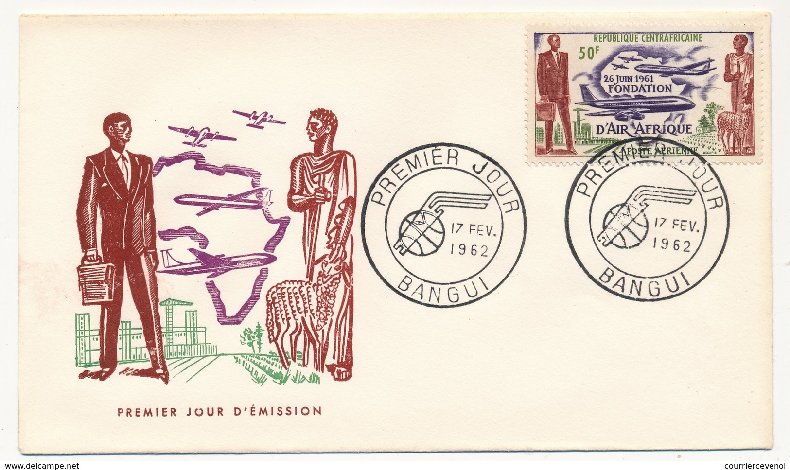 CENTRAFRIQUE => FDC - Fondation D'Air Afrique - 17 Février 1962 - Bangui - Centrafricaine (République)