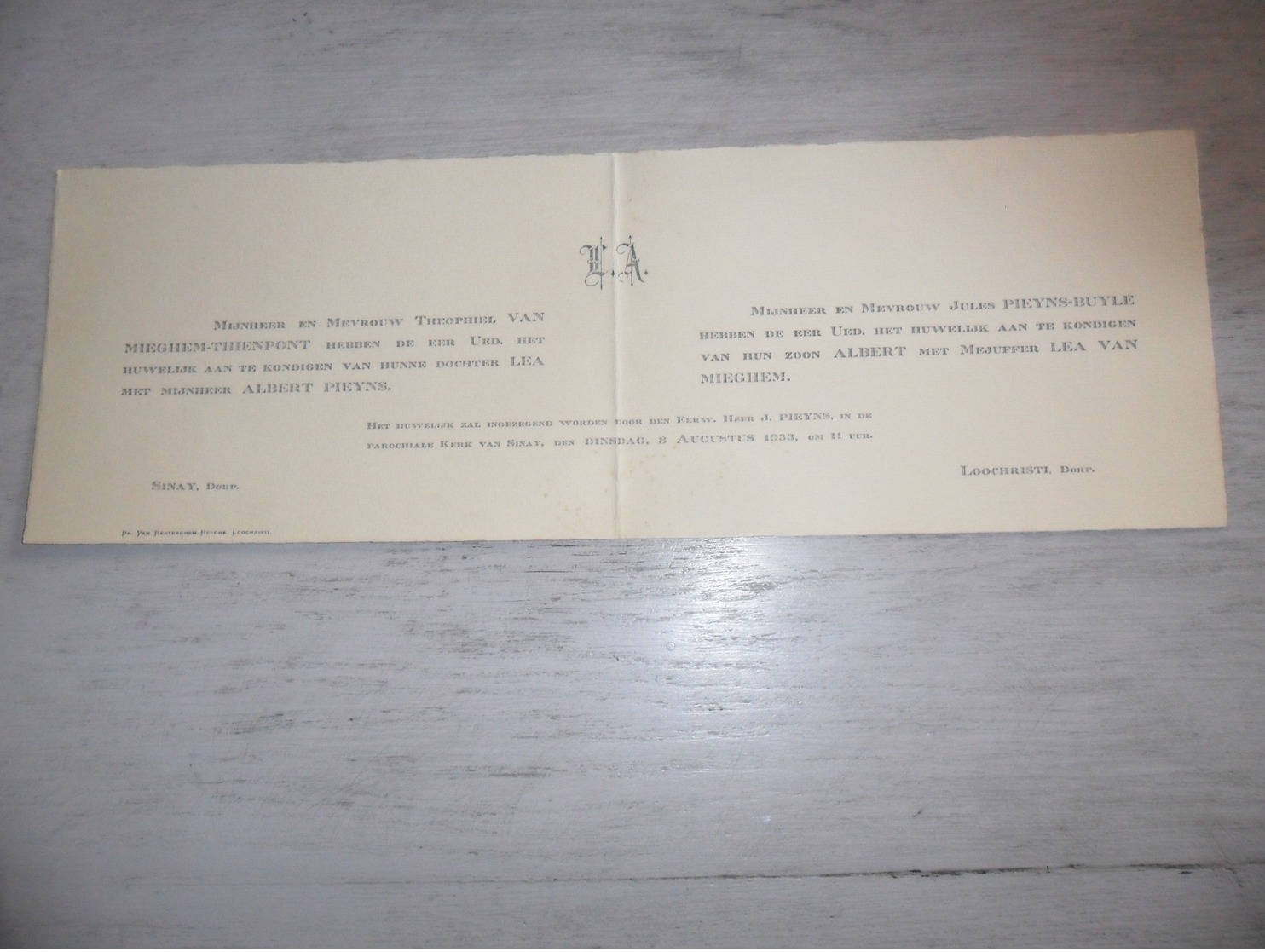 Document (467) Faire - Part Huwelijk Van Mieghem / Thienpont / Pieyns / Buyle  - Loochristi  Lochristi Sinay Sinaai 1933 - Mariage