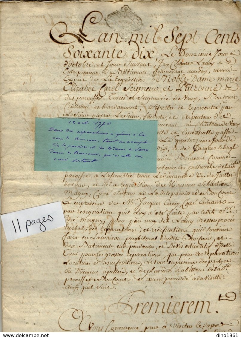 VP13.461 - Cachet Généralité De ROUEN - Acte De 1770 - Devis Pour Noble Dame M. H. CARREL De VAUX , De BONCOURT ........ - Algemene Zegels