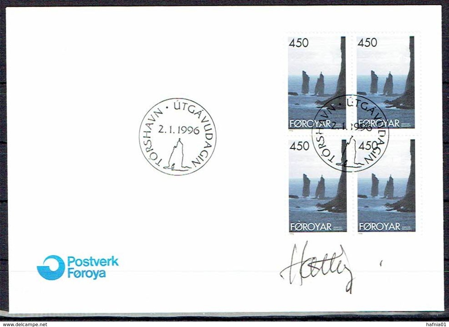 Faroe Islands 1996.  Landscape.  Michel 291, 4-block  FDC.   Signed. - Féroé (Iles)