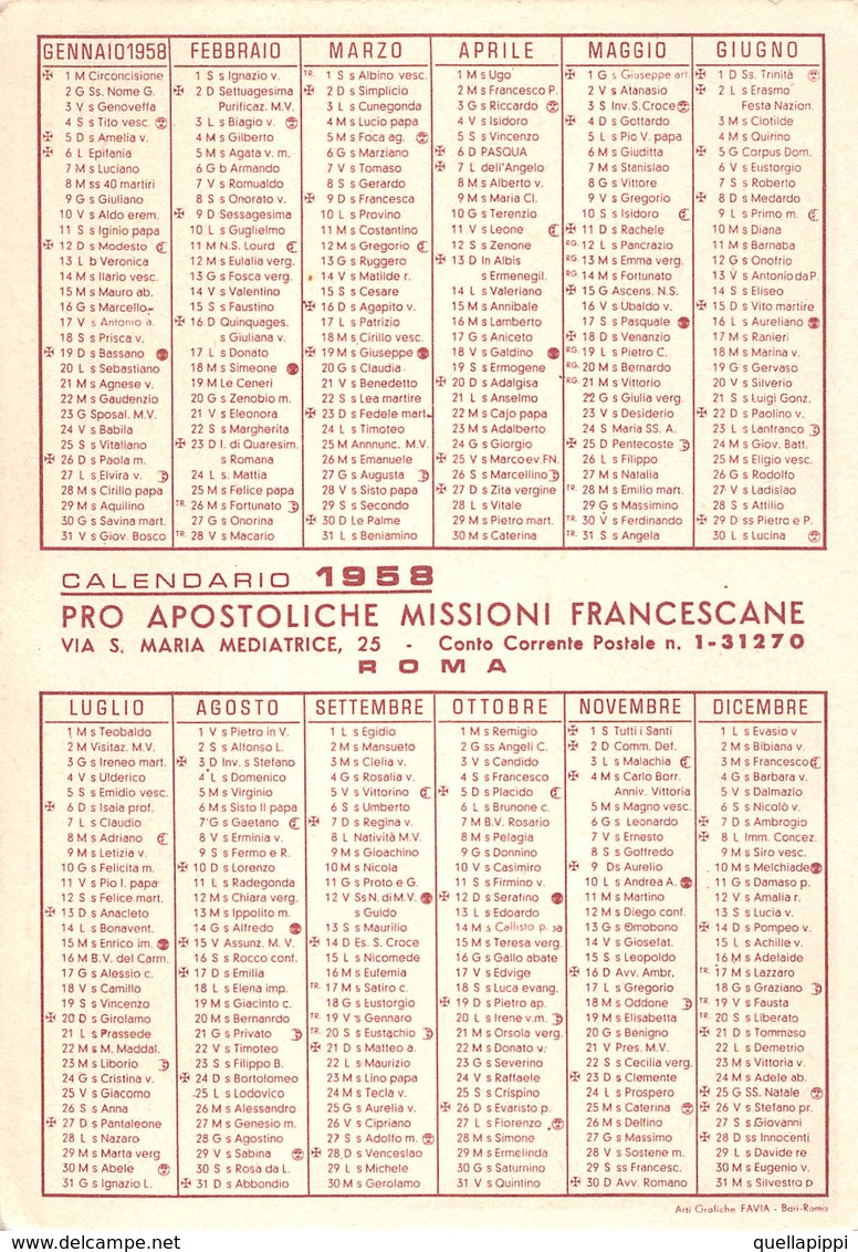 08870 "CALENDARIETTO-PRO APOSTOLICHE MISSIONI FRANCESCANE-ROMA - 1958" - Formato Piccolo : 1941-60