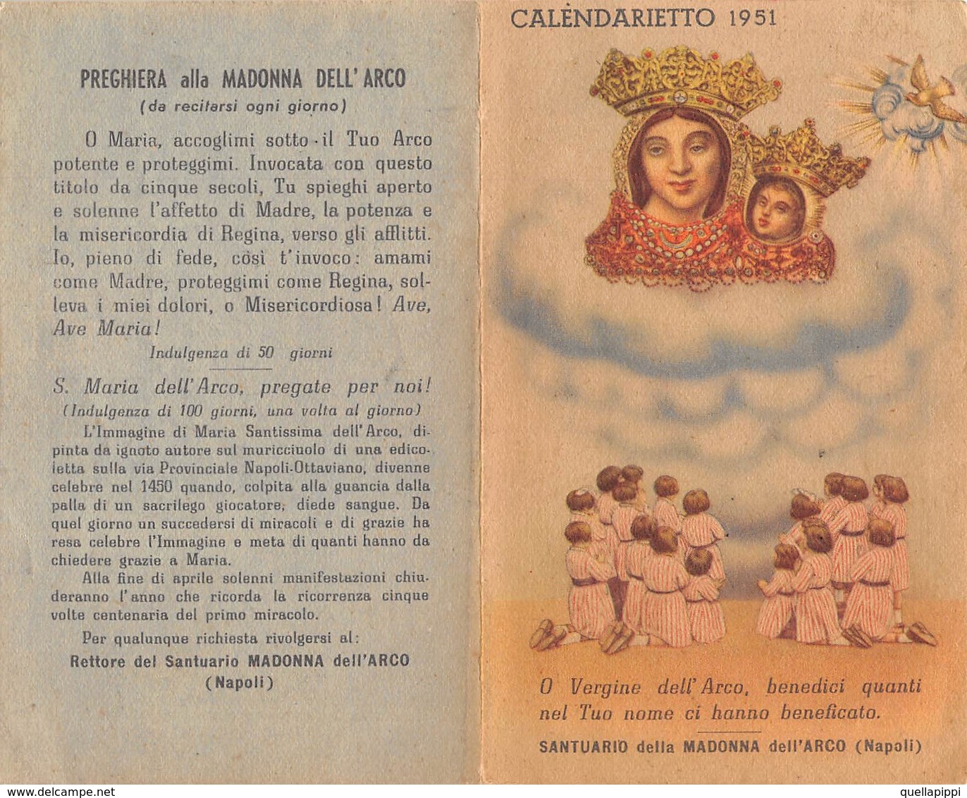 08872 "CALENDARIETTO - NAPOLI - SANTUARIO DELLA  MADONNA DELL'ARCO - 1951 - EFFIGE DELLA MADONNA CON BAMBINO" - Petit Format : 1941-60