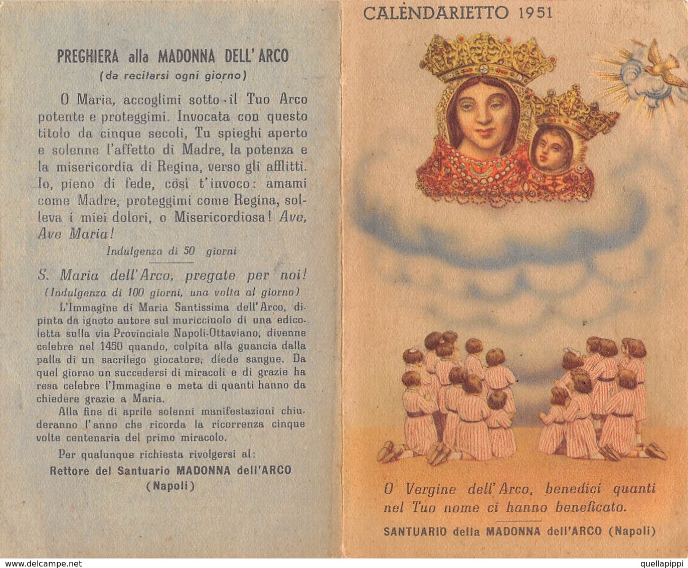 08872 "CALENDARIETTO - NAPOLI - SANTUARIO DELLA  MADONNA DELL'ARCO - 1951 - EFFIGE DELLA MADONNA CON BAMBINO" - Formato Piccolo : 1941-60