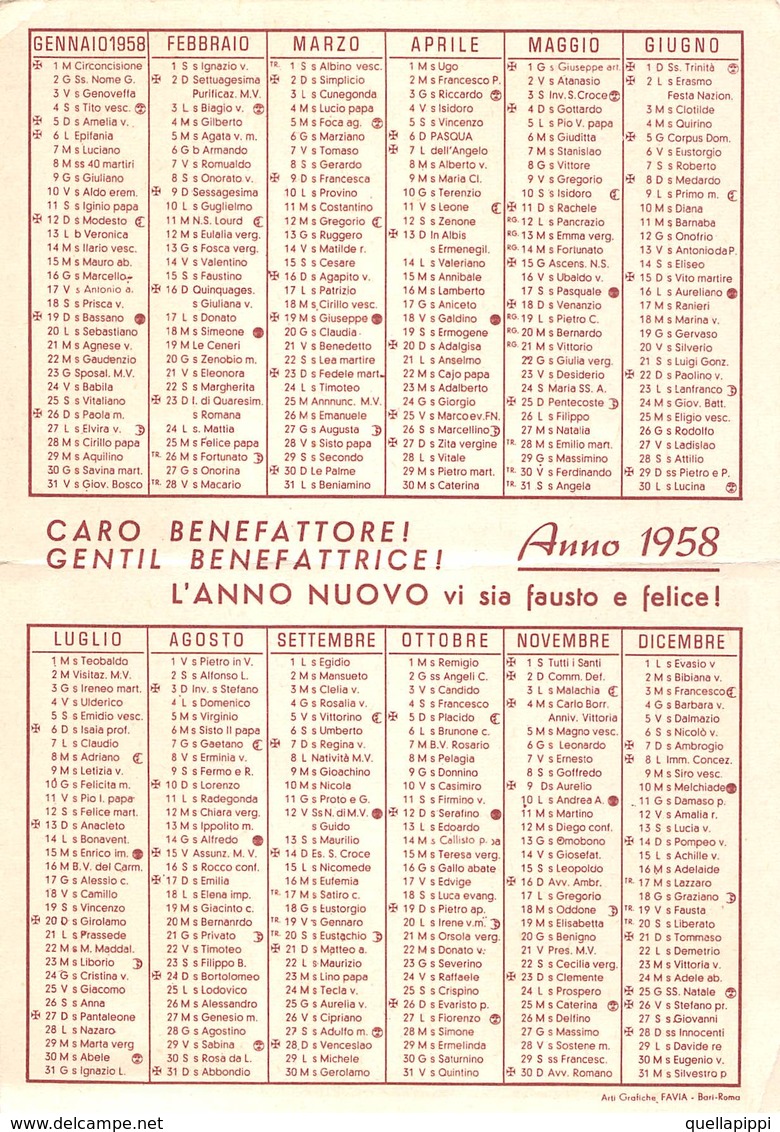 08875 "CALENDARIETTO - ROMA - OPERA NAZIONALE PRO DERELITTI - PADRE GUIDO - 1958" ANIMATO - Petit Format : 1941-60