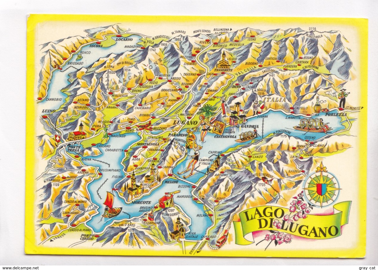 LAGO DI LUGANO, Switzerland, Mini Map, Used Postcard [22350] - Lugano